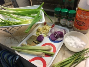 Load up on spices! Used leeks and shallots. Either is fine. Make sure to pound the lemon grass to release the flavor. Disregard the fish sauce (patis), I used that on the other non-brined belly.